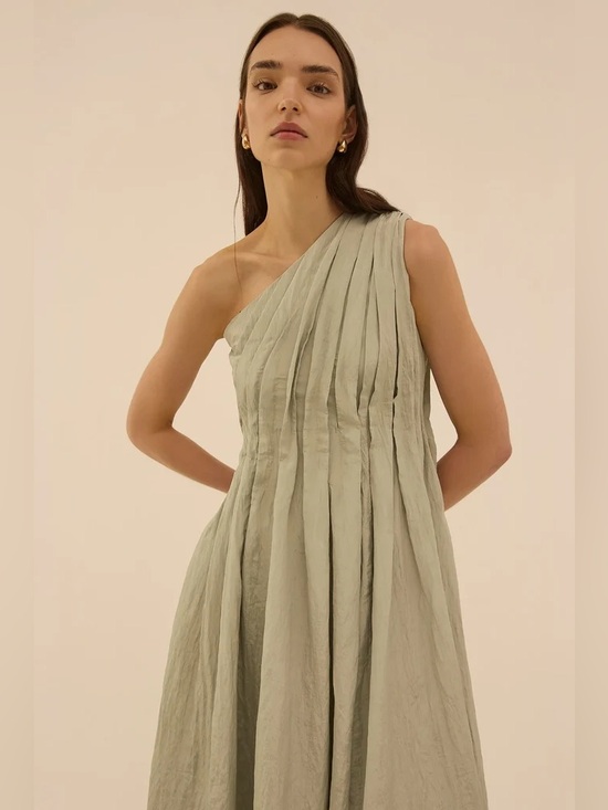 ABADIA Dresses & Skirts - ABADIA One Shoulder Asymmetric Crinkled Pleated Light Khaki Sage Green 4 NWT